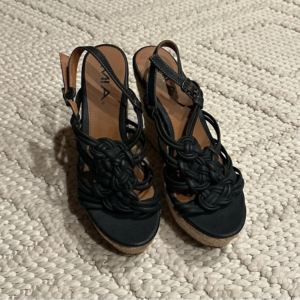 Black Braided Wedge Sandals - Picture 1 of 6